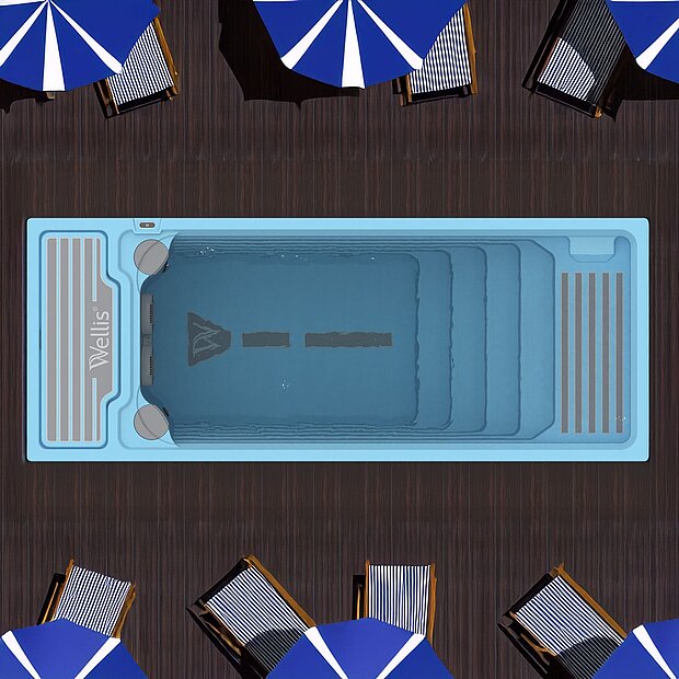 Swimspa Wellis Beachclub – Luxus, Wellness & Sport genießen Luxuriöser Swimspa Wellis Beachclub aus der Vogelperspektive, ideal für alle, die einen hochwertigen Swimspa kaufen möchten: Kombination aus sportlicher Gegenstromanlage und entspannendem Whirlpool-Bereich, eingebettet in stilvolles Beachclub-Ambiente mit eleganten Sonnenliegen und Sonnenschirmen – perfekter Mix aus Wellness, Sport und exklusivem Lifestyle.