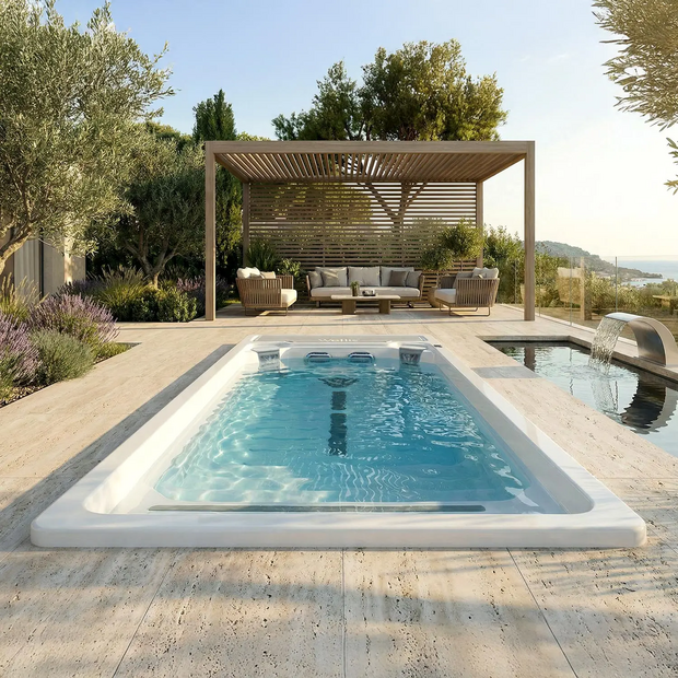SwimSpa mit Wasser gefüllt, vor einem Haus in mediterranen Stil