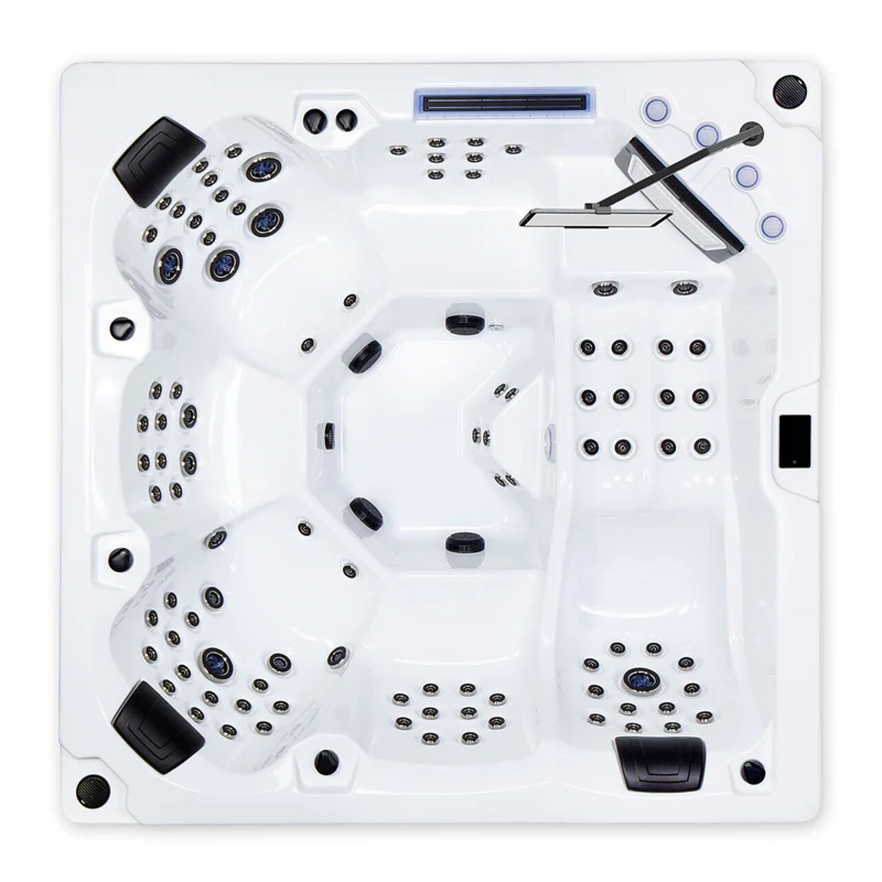 Aufsicht eines Whirlpools mit schwarzen Düsen